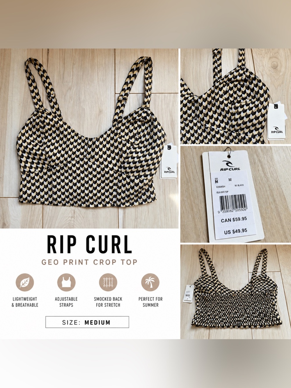 Rip Curl Geo Print Crop Top Medium NWT Black Tan Bustier Cami Boho Festival